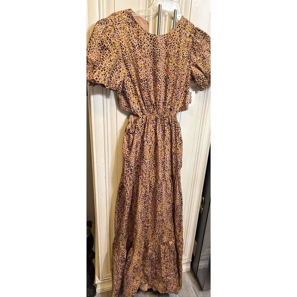 WAYF Womens Animal Print Puff Sleeve Cutout Plaza Tiered Maxi Dress Brown XS NWT